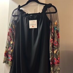 Zaful Black Dress with Vibrant Embroidered Sleeves